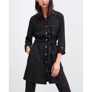 NWT Zara TRF tencel black button down shirt dress Cinched Waist with belt